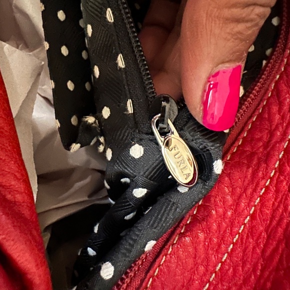 FURLA | Cherry Red Satchel w/Popping White on Black Polka Dot Interior - Picture 12 of 16